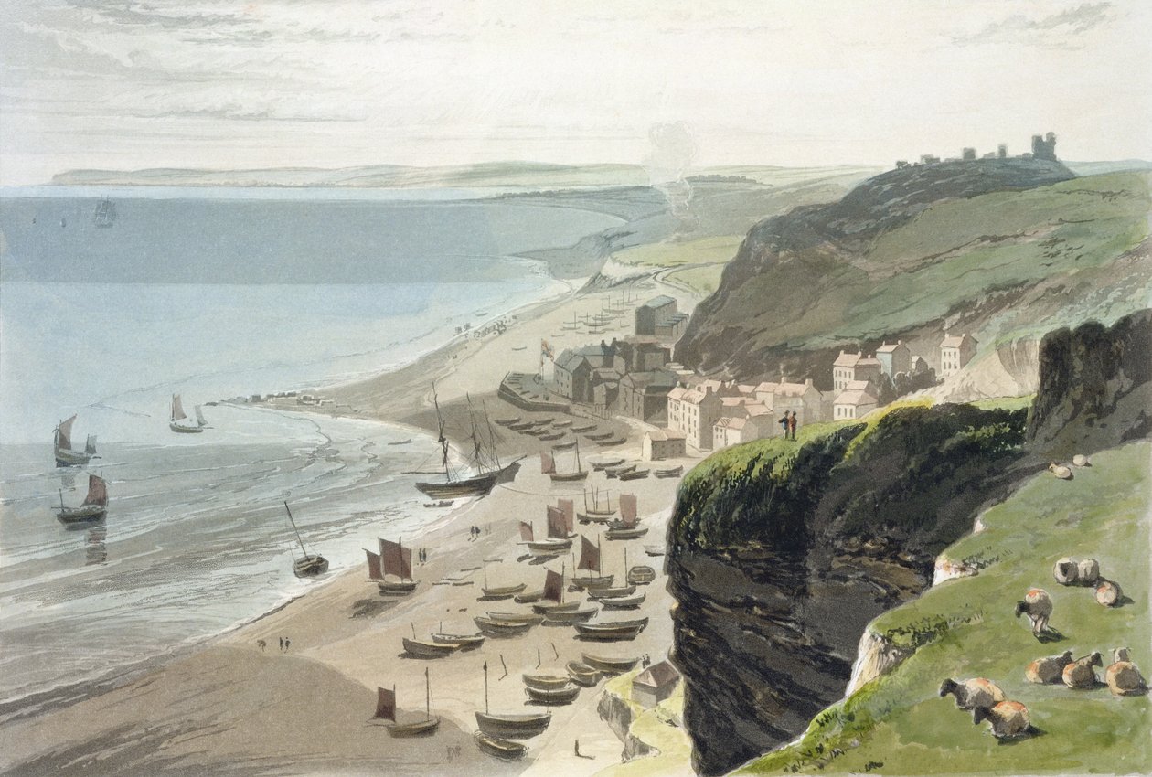 Hastings, a keleti szikláról, az 1823-ban kiadott "Egy utazás Nagy-Britannia körül 1814 és 1825 között" című könyvből. alkotó: William Daniell