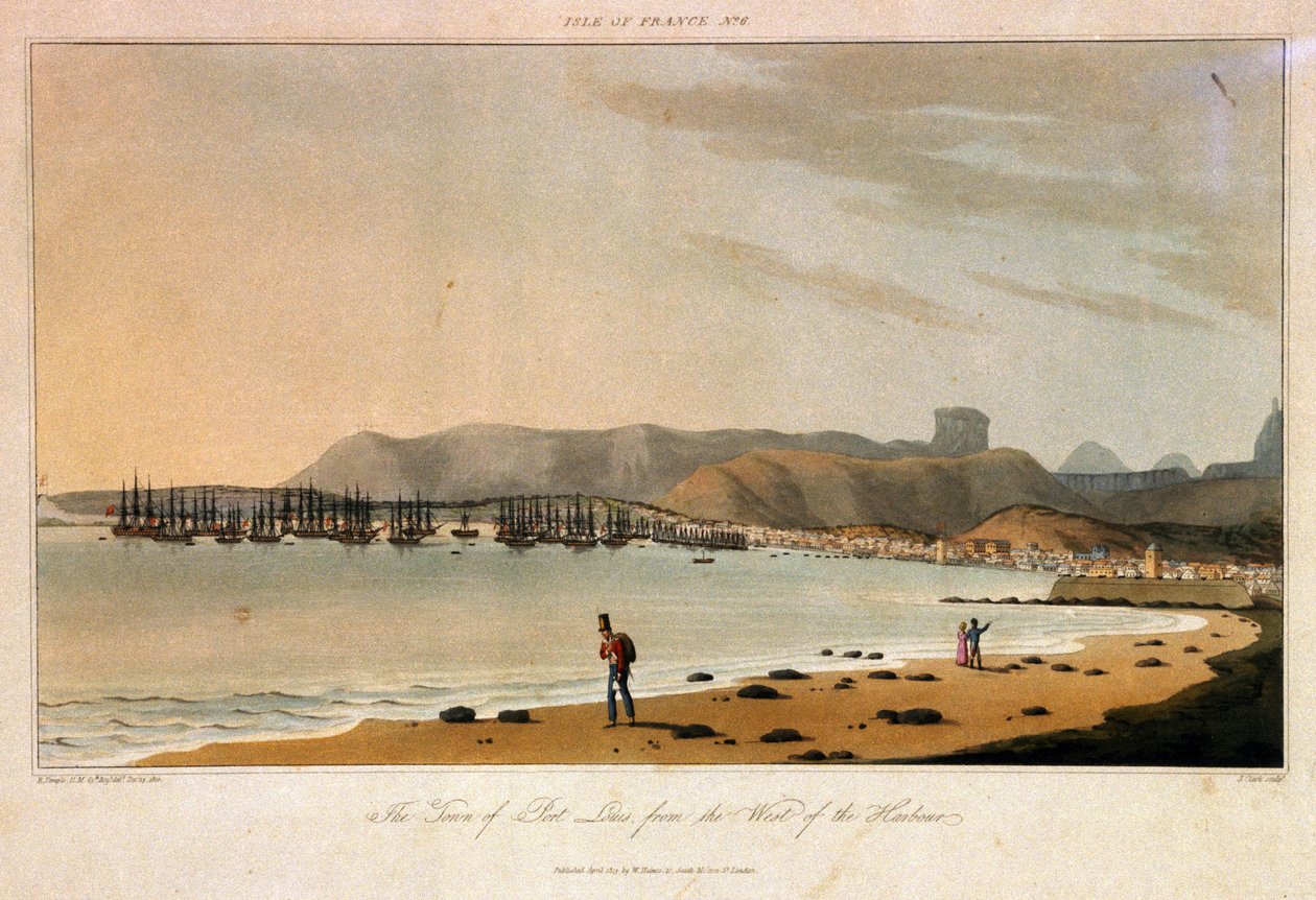 Ile de France (Mauritius), Port Louis városából nézve, a kikötőtől nyugatra. Színes metszet alkotó: William Daniell
