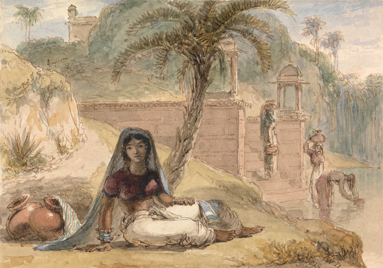 Indiai lány ül a folyó mellett alkotó: William Daniell