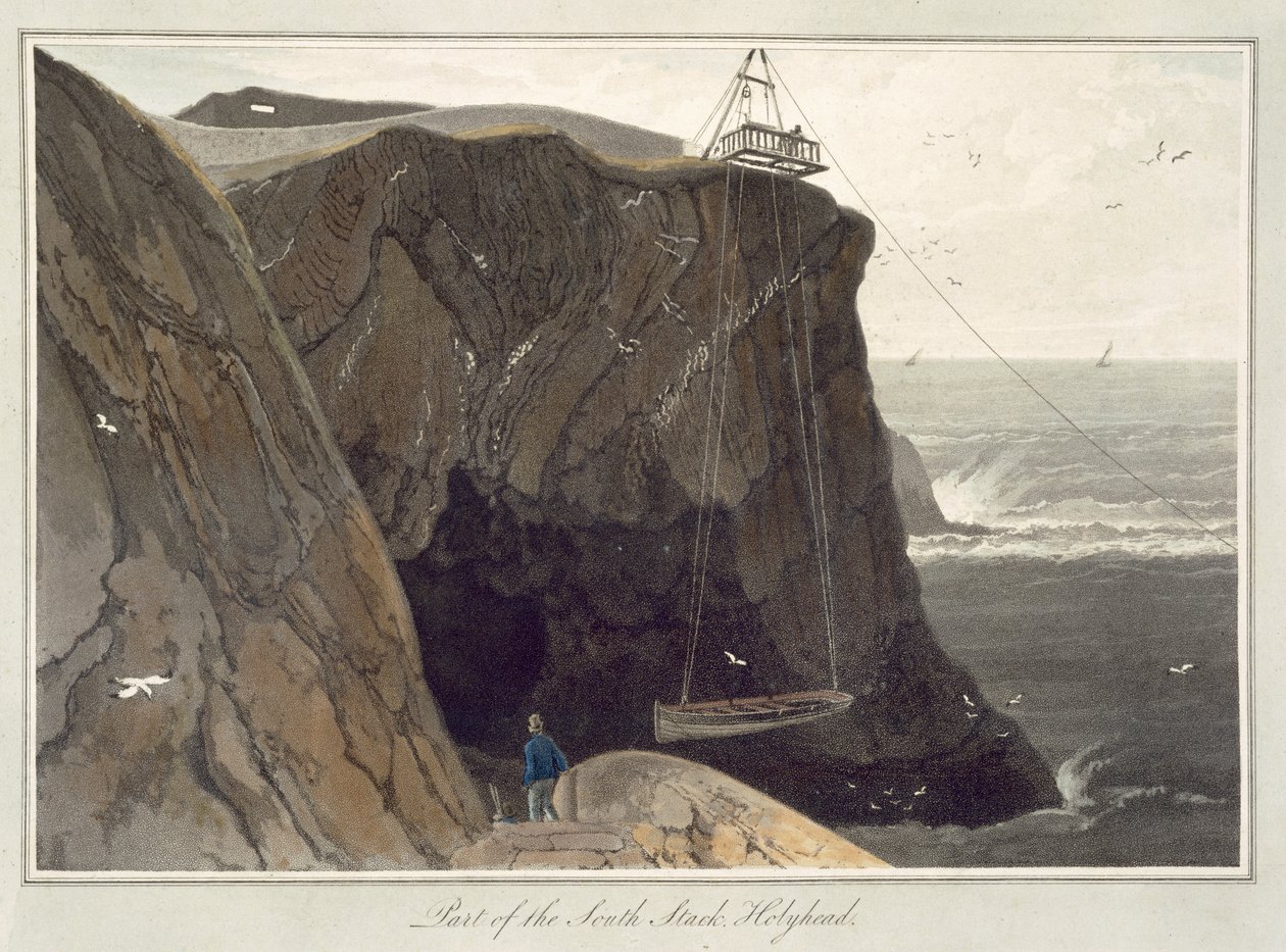 Csónak leeresztése a Holyhead-i peronról, az 1829-ben megjelent „Utazás Nagy-Britannia körül 1814 és 1825 között” c. alkotó: William Daniell