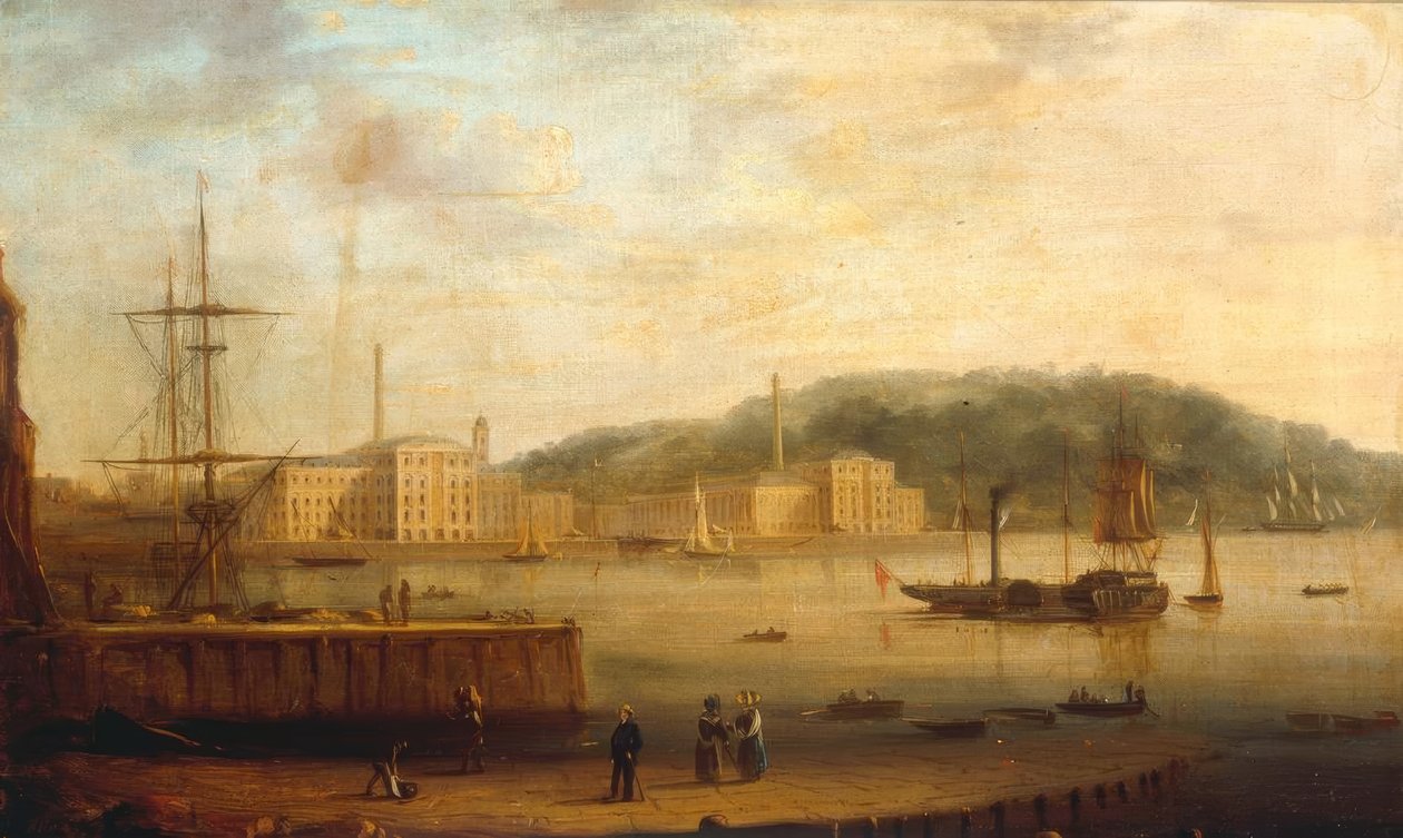 Plymouth kikötője a Royal William Victualling Yarddal alkotó: William Daniell