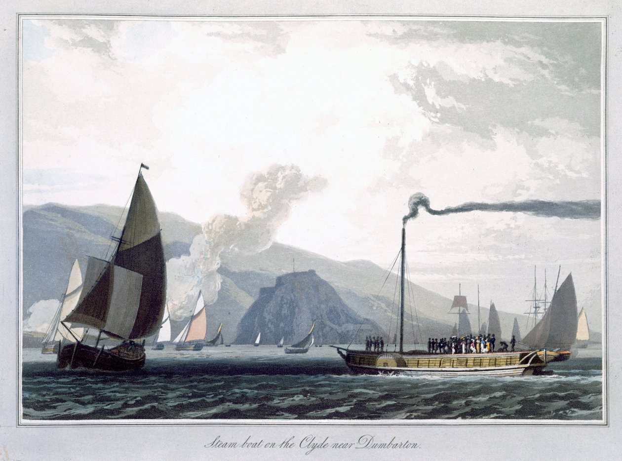 "Gőzhajó a Clyde-on Dumbarton közelében", Skócia, 1829 alkotó: William Daniell