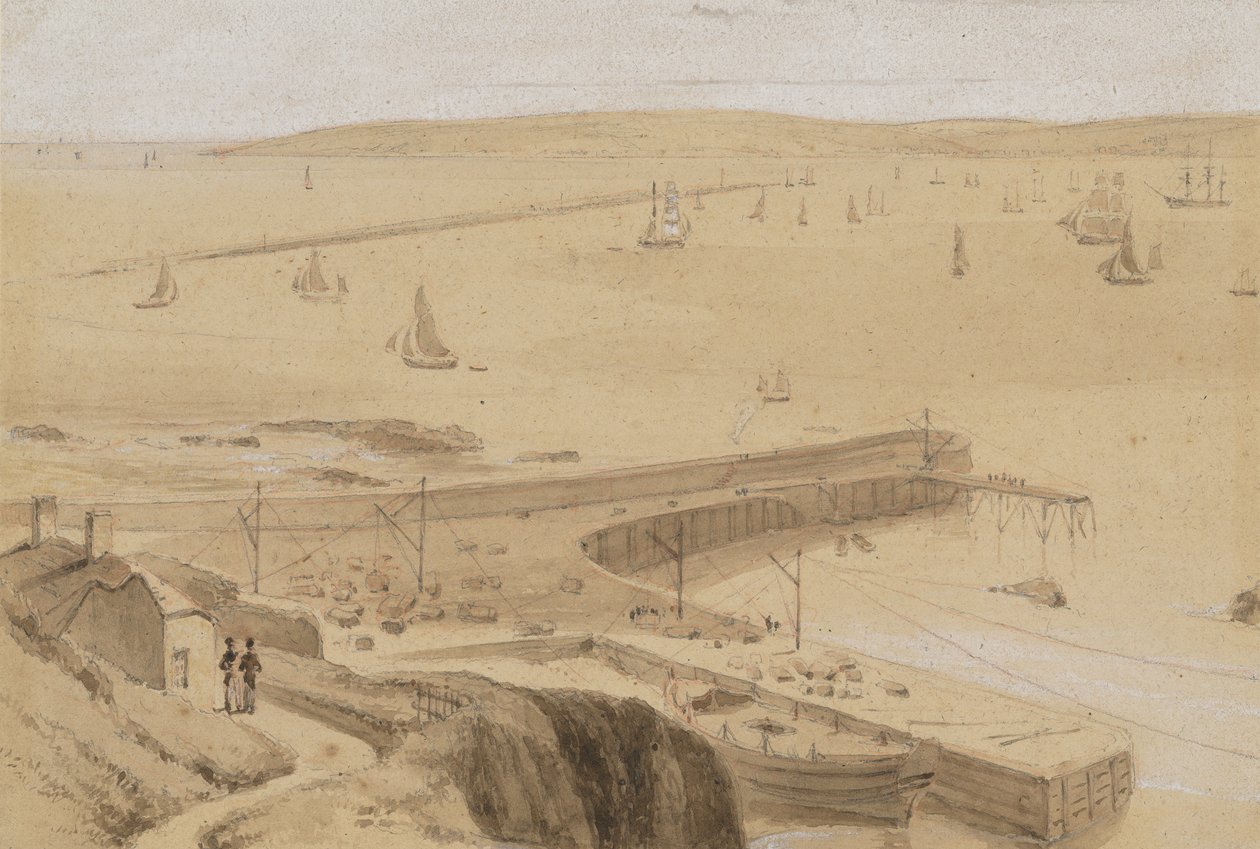 Vázlat a Plymouth közelében fekvő Straddon Point kikötőjéről alkotó: William Daniell