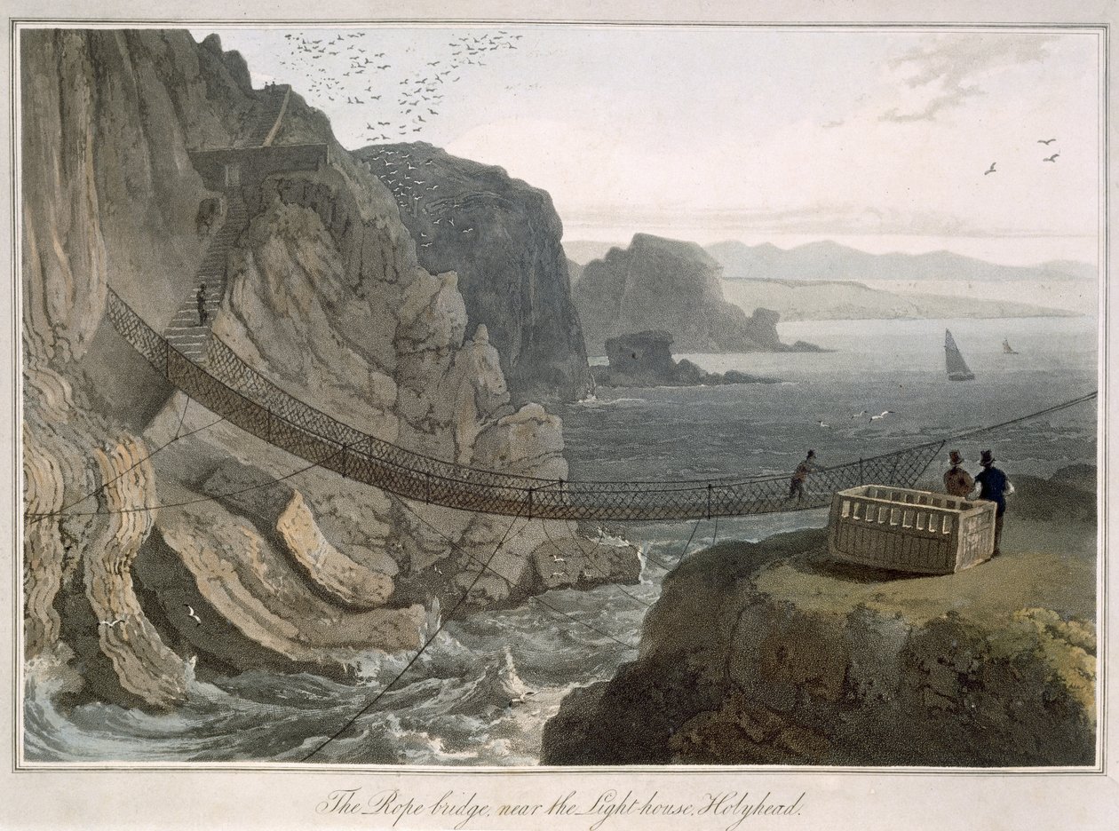 A Kötélhíd a világítótorony közelében, Holyhead, az 1829-ben megjelent „Utazás Nagy-Britannia körül 1814 és 1825 között” c. alkotó: William Daniell
