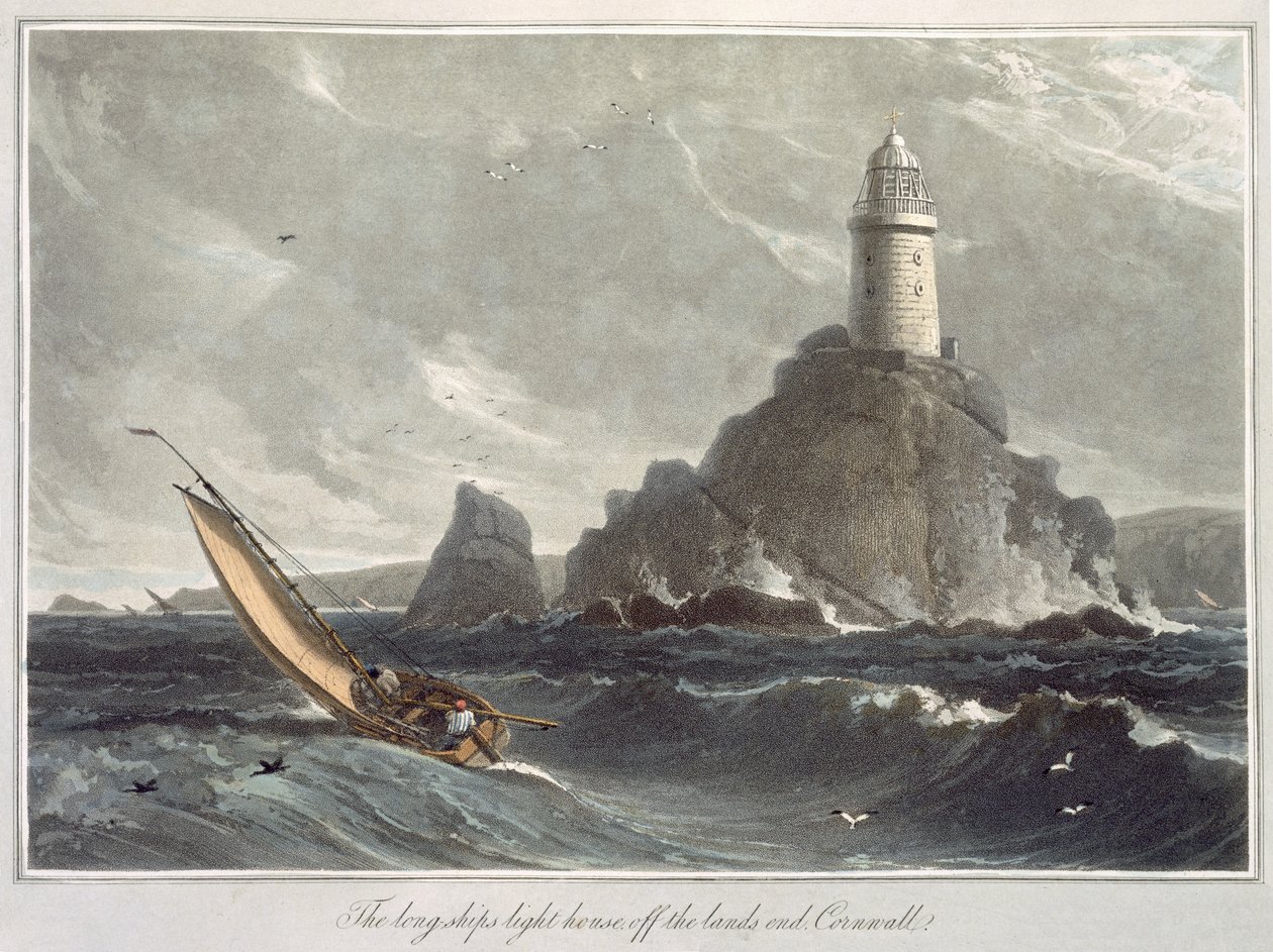 A longships világítótorony a cornwalli Lands End-ben az „A Voyage around Great Britain Undertaken between the Years 1814 and 1825” (1814-ben megjelent akvatinta) I. kötetéből alkotó: William Daniell