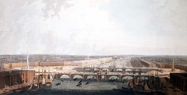Kilátás Londonra a kikötő fejlesztésével és a kettős London-híddal. William Daniel (akvatinta) benyújtotta az alsóház válogatott bizottságának alkotó: William Daniell