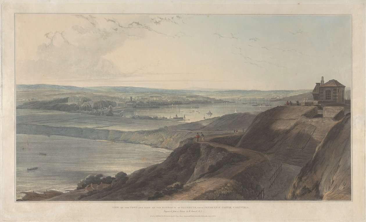 Kilátás a városra és Falmouth kikötőjének egy részére a cornwalli Pendennis kastélyból alkotó: William Daniell