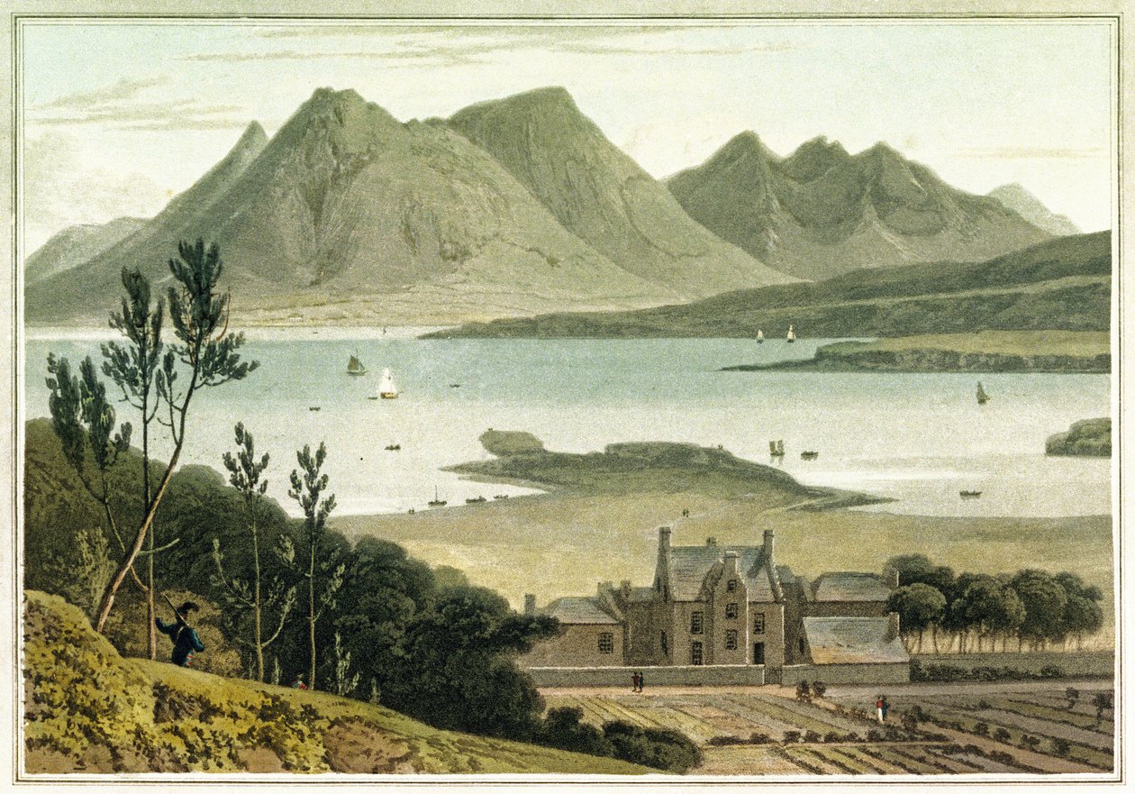 Nyugati nézet Raasay szigetéről (Skócia), egy nagy épület és a hozzá tartozó kertek leírásával. William Daniell (1769-1837) színes metszete. alkotó: William Daniell