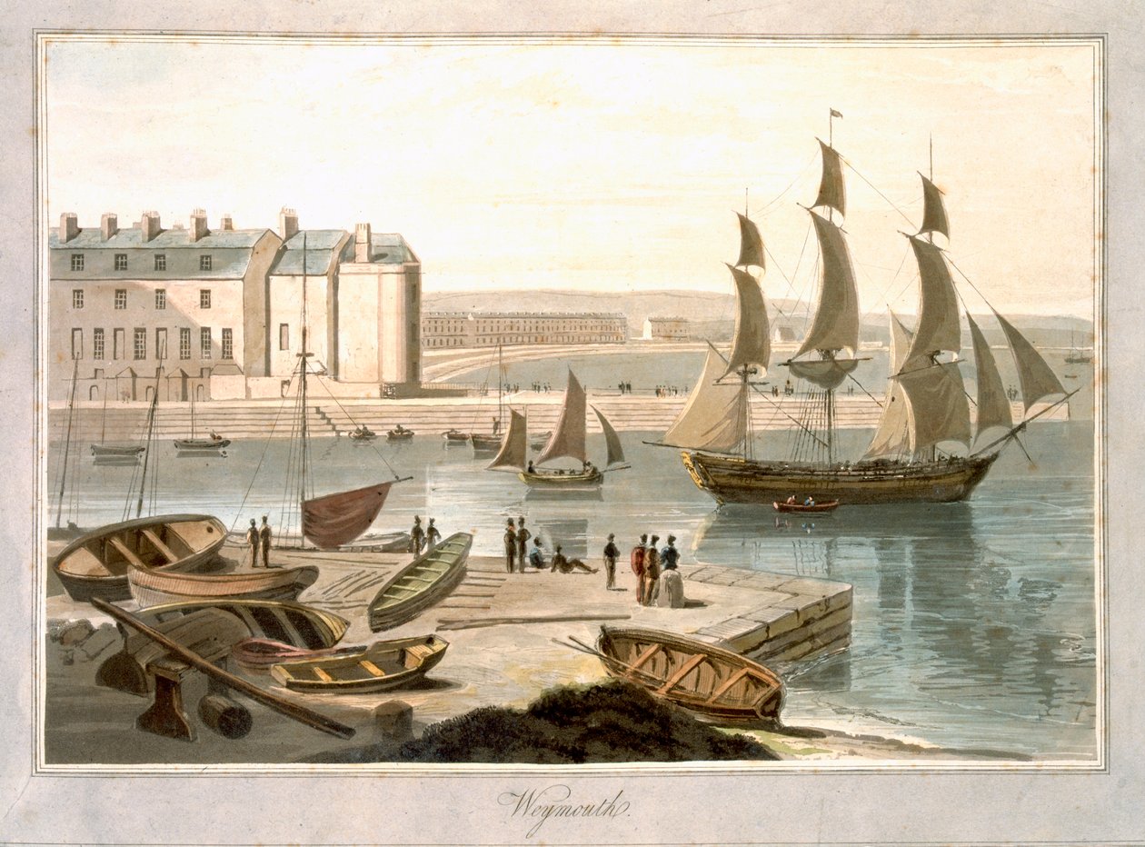 Weymouth Harbour, az 1829-ben megjelent „A Voyage Around Great Britain Undertaken between the Years 1814 and 1825” című könyvéből. alkotó: William Daniell