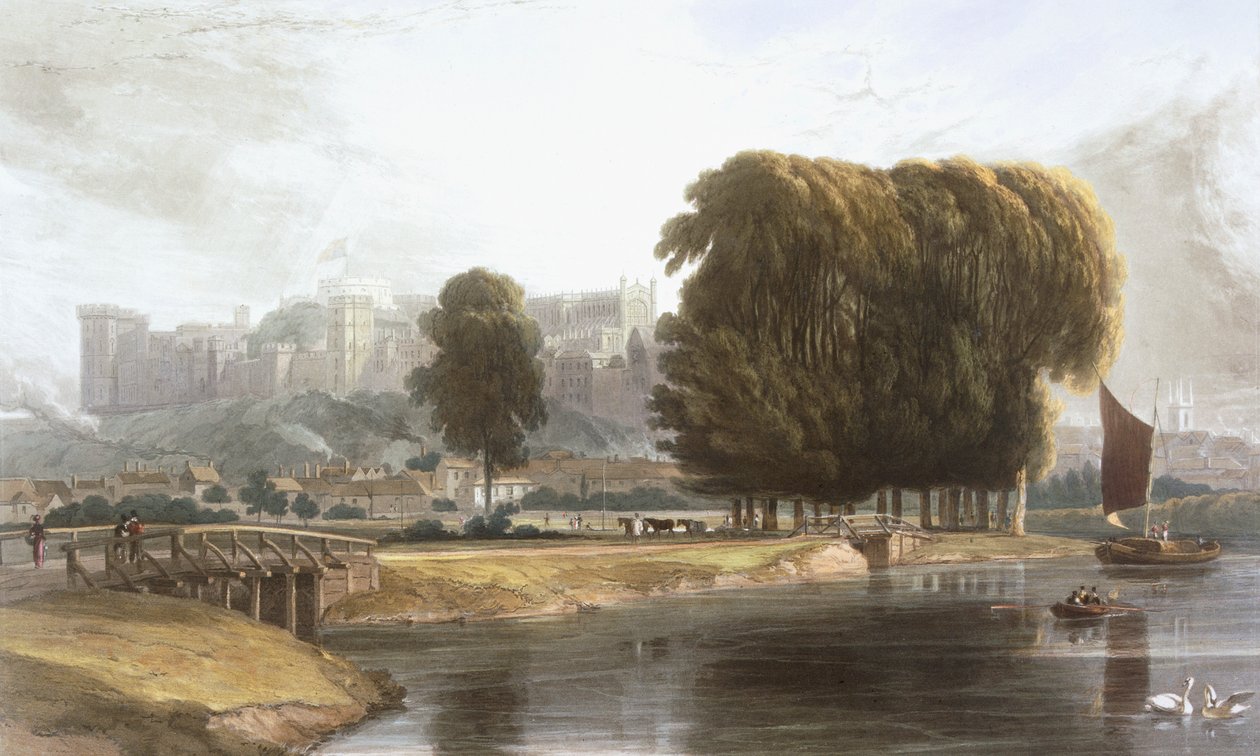 Windsori kastély a Brocas-rétről, a „Windsor, Eton és Virginia Water Views” című filmből, 1827-30. alkotó: William Daniell