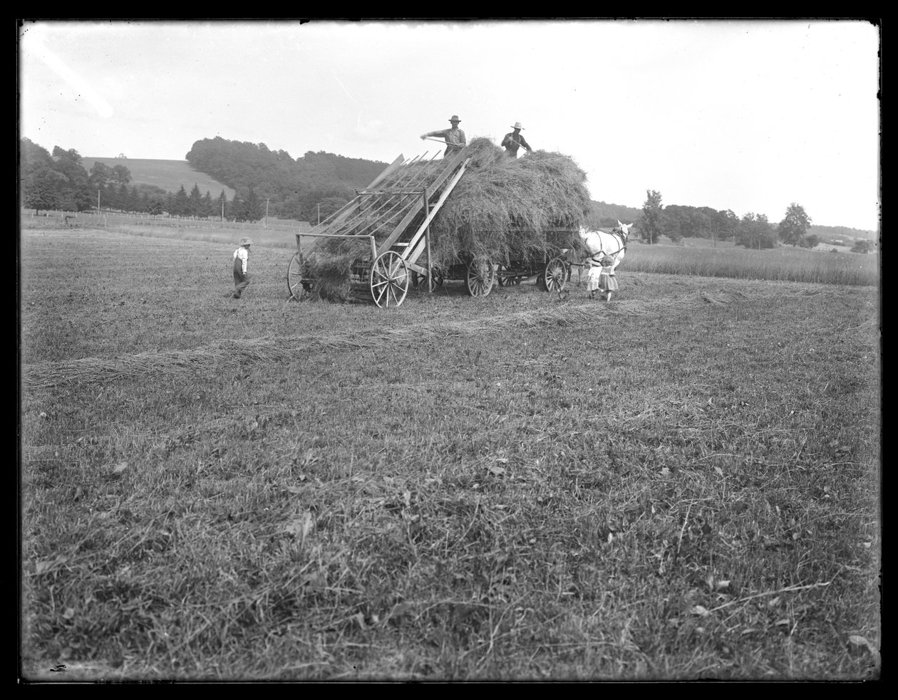 Szénaszállító kocsi, mezőgazdasági munkások és gyerekek, a szénaemelő berendezést mutatják, McCready Farm, Crawford County, Pennsylvania, 1913 körül alkotó: William Davis Hassler
