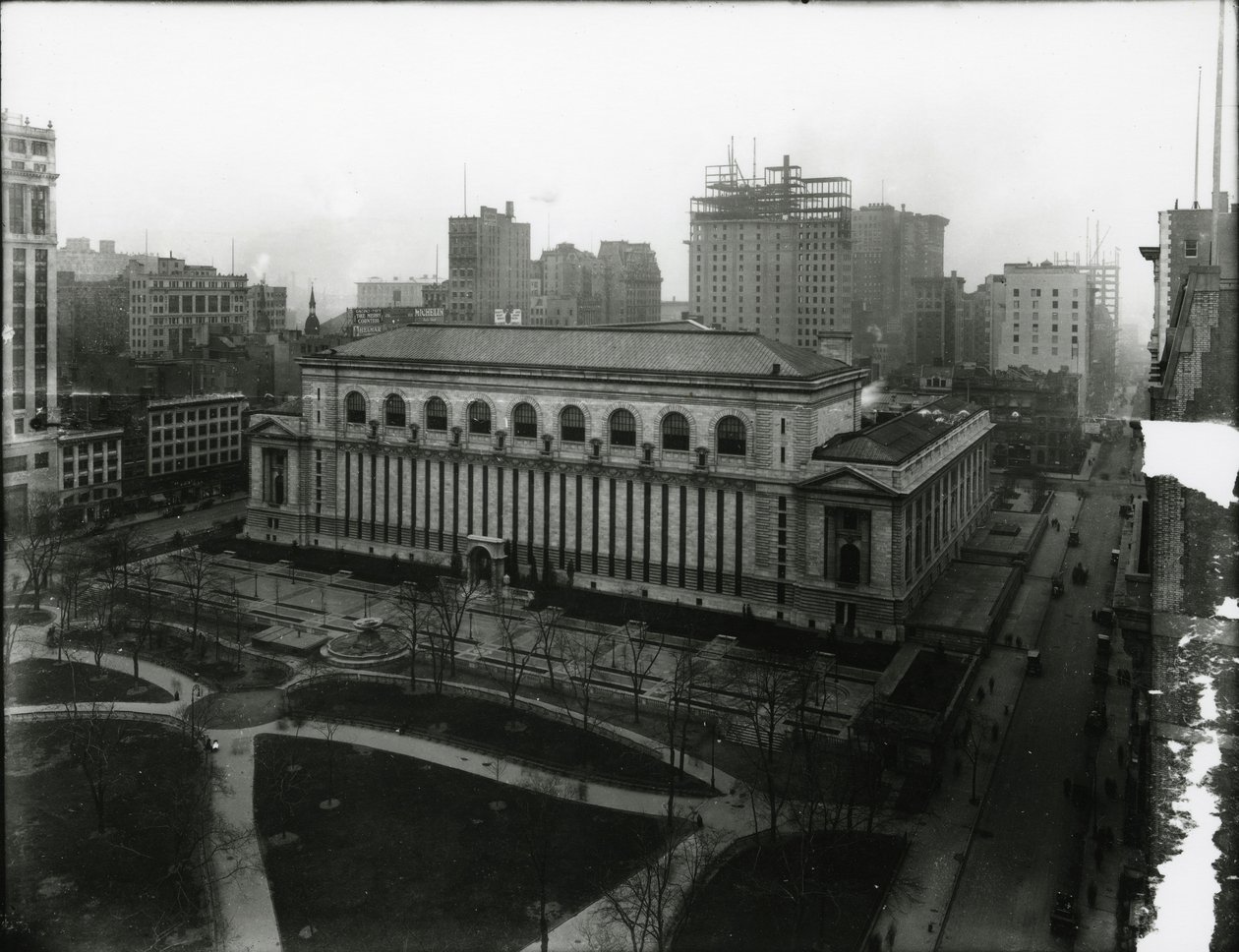 New York Public Library és Bryant Park, 1910-21 alkotó: William Davis Hassler