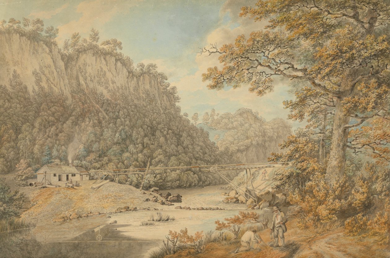 Egy jelenet Derbyshire-ben; Folyón átívelő ipari művek alkotó: William Day