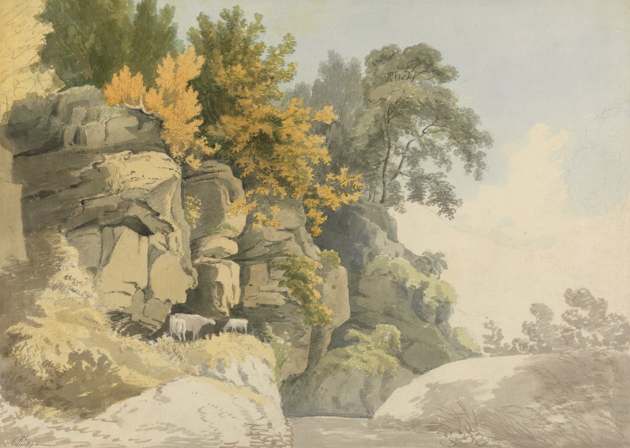 Erdős sziklák egy patak mellett (Derbyshire?) alkotó: William Day