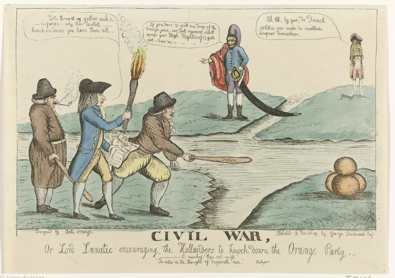 Angol rajzfilm a holland polgári viszályról, 1787 Polgárháború, vagy Lord Lunatic arra buzdítja a hollandokat, hogy ütjék le a narancspartit (cím a tárgyon) alkotó: William Dent