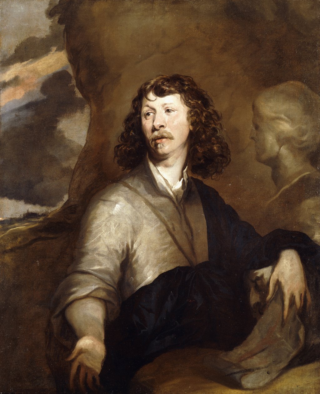 Egy úriember, esetleg a művész portréja, félalakos, barna köpenyben és kék kendőben, Márvány mellszobor mellett, sziklás tájon, alkotó: William Dobson
