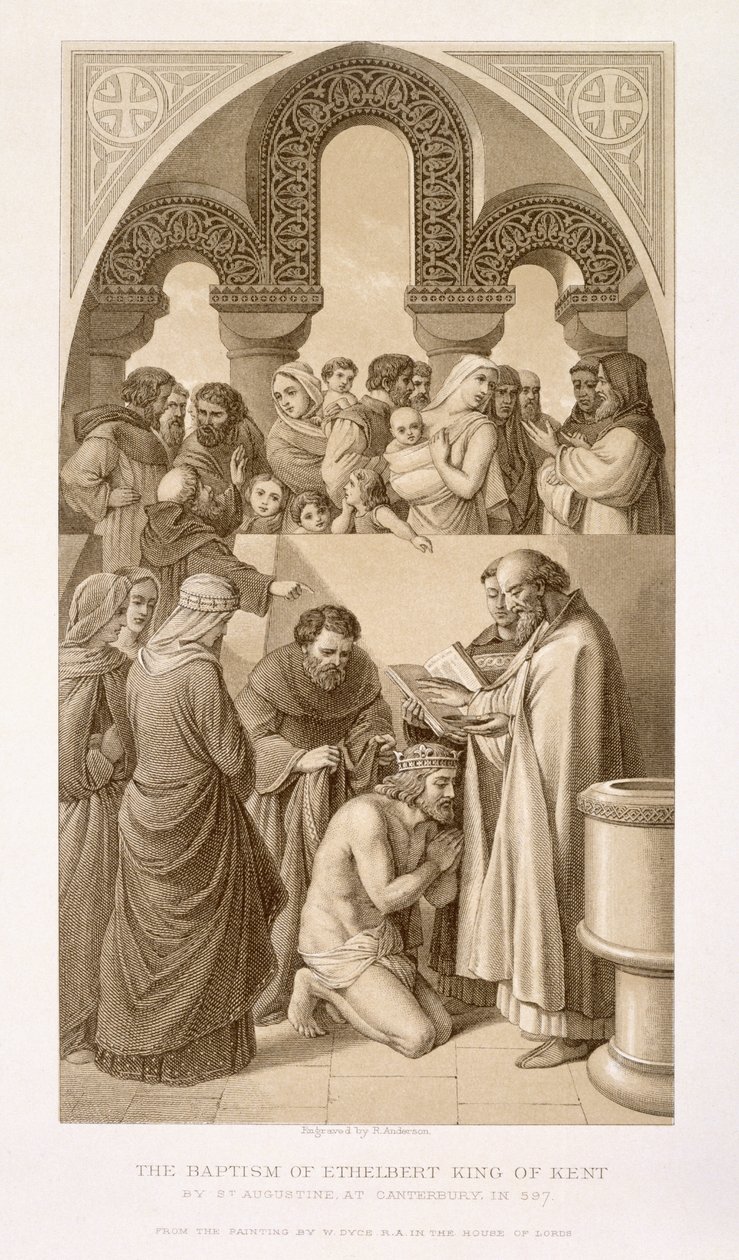 Ethelbert kenti király (kb. 552-616) megkeresztelkedése Szent Ágoston által Canterburyben 597-ben, az „Az angol és skót történelem illusztrációi” I. kötetből alkotó: William Dyce