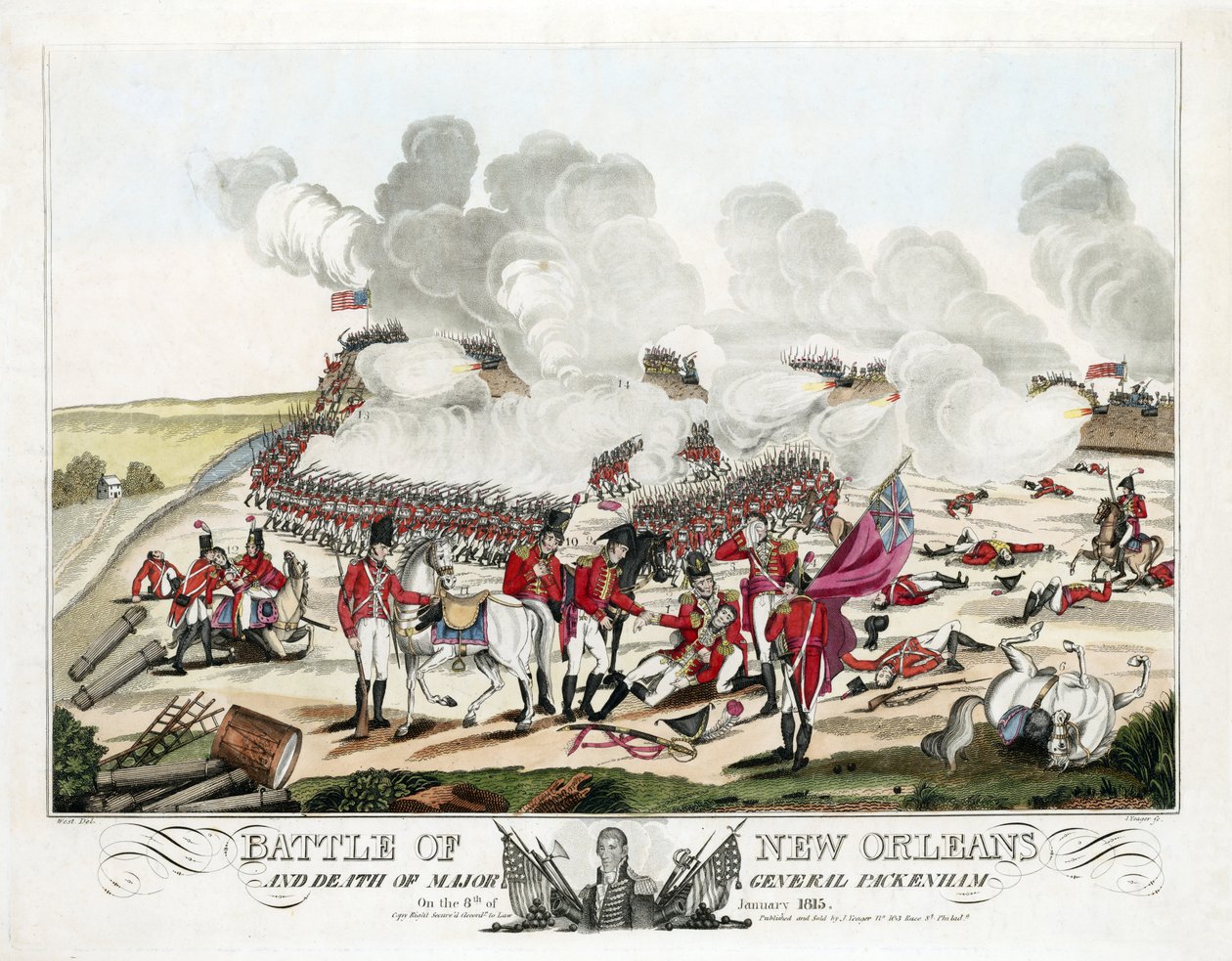 New Orleans-i csata és Packenham vezérőrnagy halála 1815. január 8-án, pub. 1815 (színes metszet) alkotó: William Edward (after) West