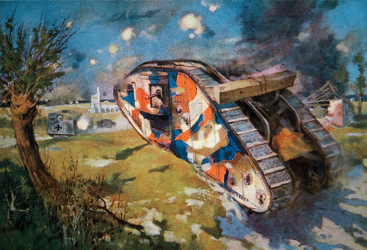 Álcázott brit Mk IV harckocsi harcban egy német tank ellen az első világháborúban, az illusztráció megjelent a 