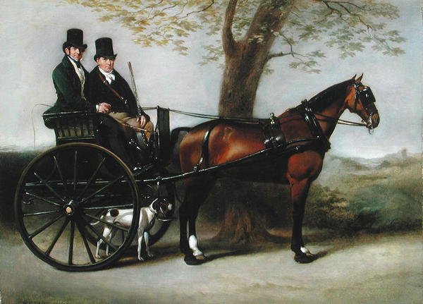 Két úriember egy gigán, amelyet egy Bay Cob húz, útban a Pointerrel való lövöldözés felé. alkotó: William Edward Frost