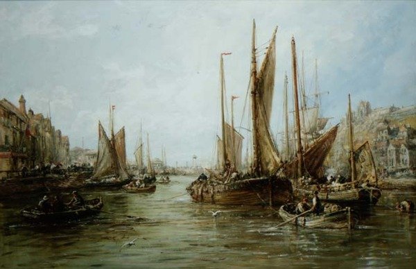 Rakparton horgászcsónakokkal alkotó: William Edward Webb