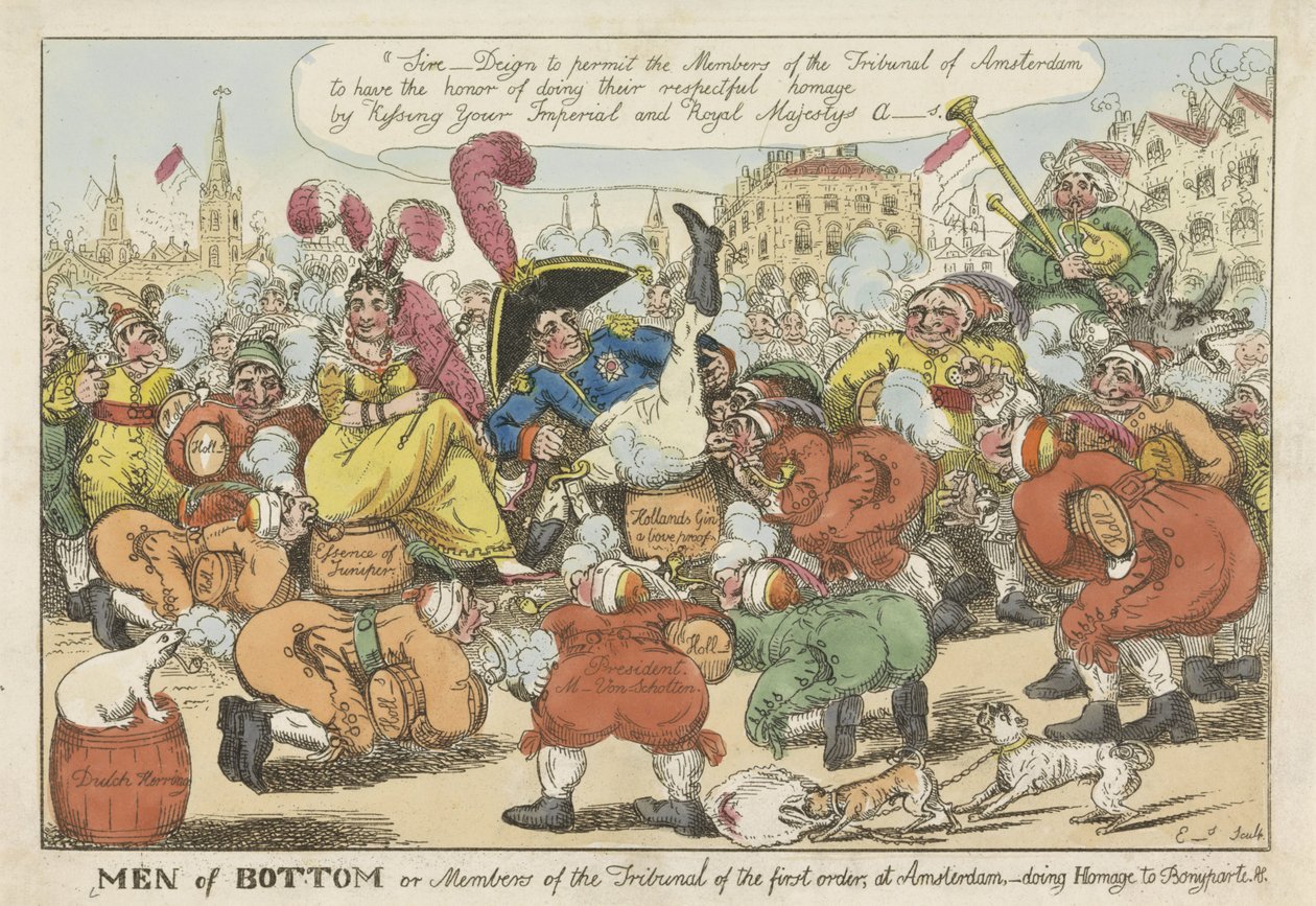 A hollandok meg akarják csókolni Napóleon hátát, 1811 Alsó férfiak vagy az amszterdami Törvényszék első rendű tagjai – tisztelegve Bonyparte előtt (cím a tárgyon) alkotó: William Elmes
