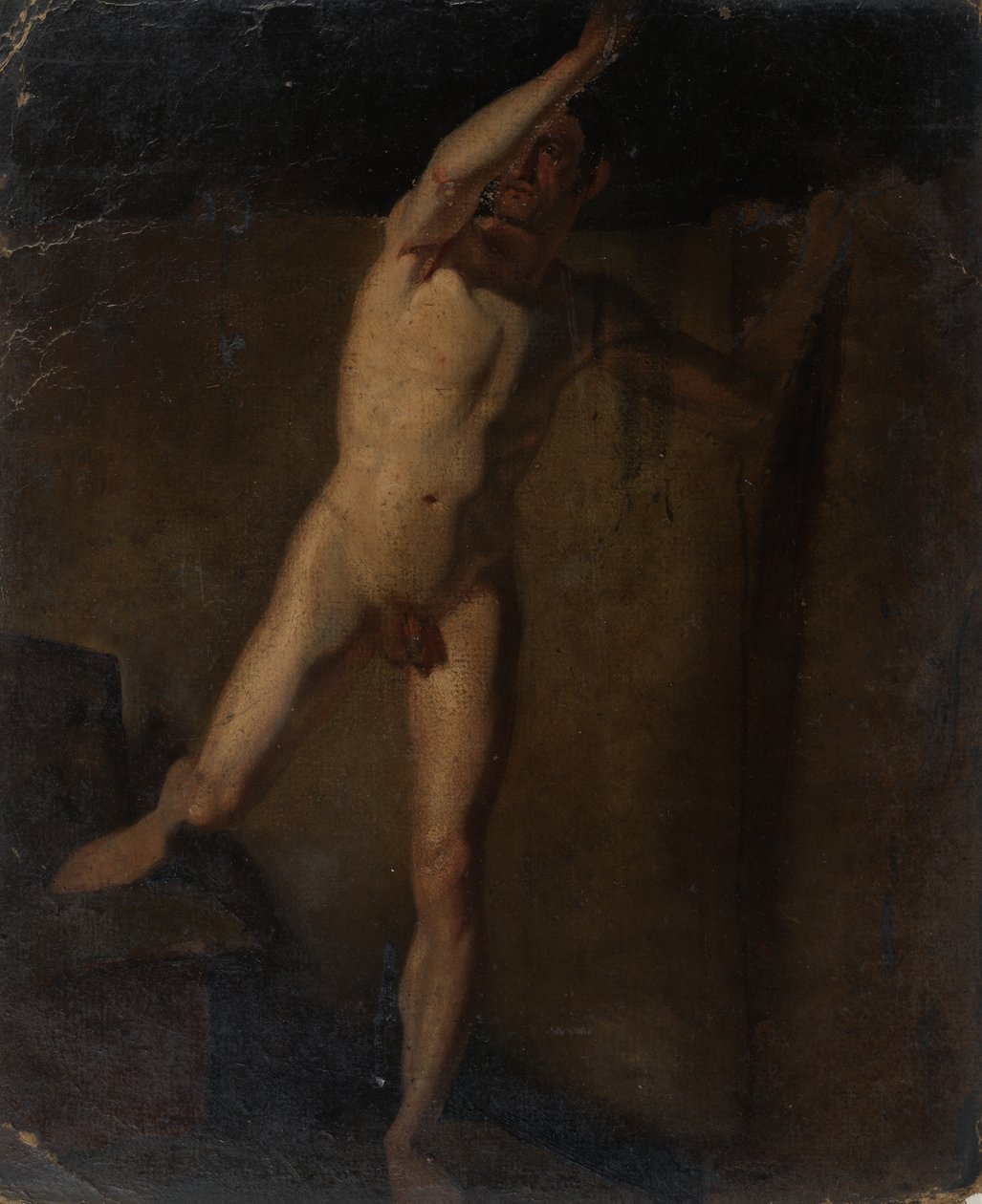 Álló férfi akt, felemelt jobb kar, jobb láb tömbökön nyugszik alkotó: William Etty