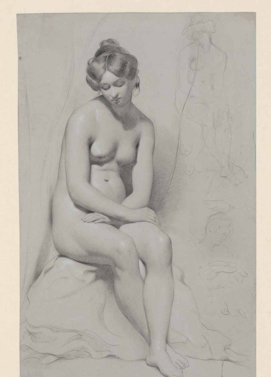 Ülő meztelen női modell magas frizurával, mellé ismét vázlatosan alkotó: William Etty