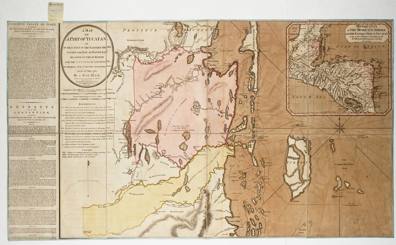 Térkép Yucatán egy részéről vagy a keleti partnak a Hondurasi-öbölben lévő részéről, amelyet a Spanyolországgal 1786. július 14-én aláírt egyezmény következtében Nagy-Britanniának ítéltek oda fakitermelésre. Egy Bay Man által. alkotó: William Faden