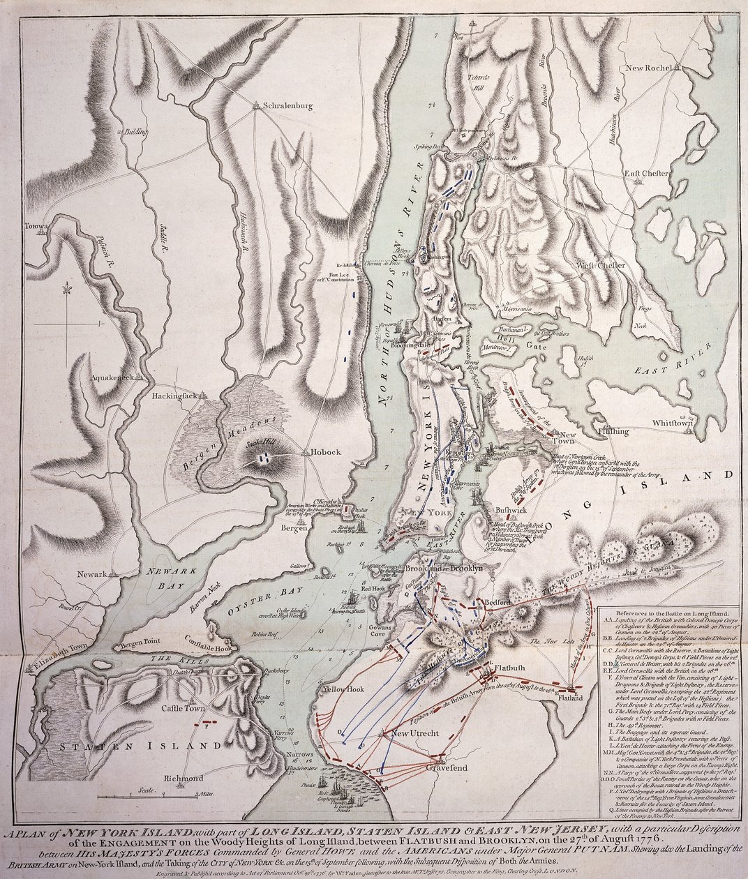A New York-sziget terve Long Island egy részével, Staten Island és East New Jersey, valamint a Long Island-i Woody Heights-i eljegyzés a brit erők között Sir William Howe tábornok parancsnoksága alatt alkotó: William Faden