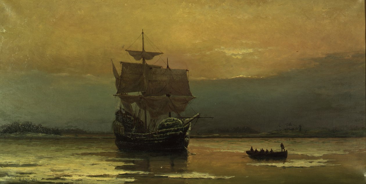 A Mayflower megérkezésekor Plymouth kikötőjébe, 1882. alkotó: William Formby Halsall