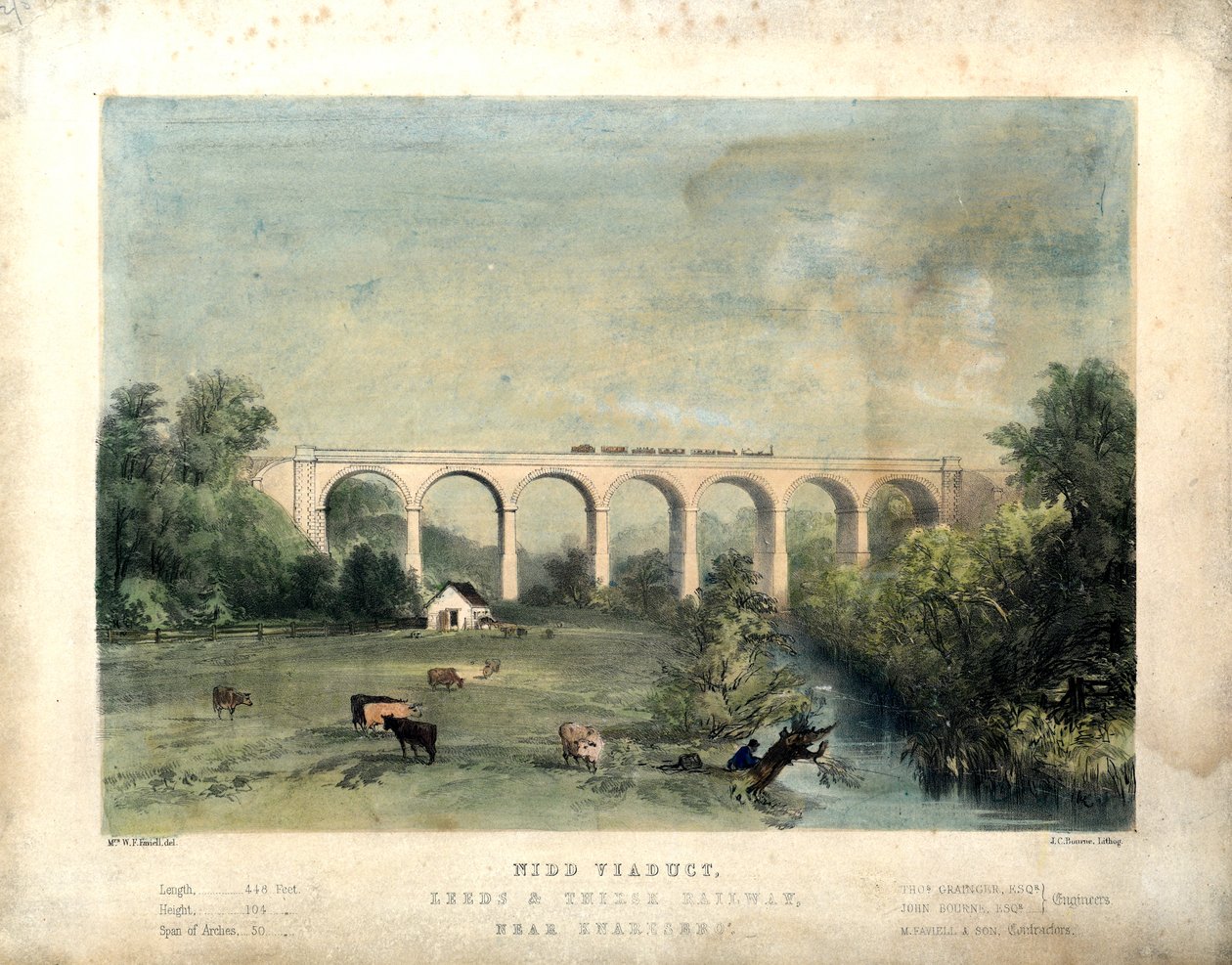 Nidd viadukt, Leeds és Thirsk vasút, Knaresbro közelében, 1850 körül (színes litho papíron) alkotó: William Frederick Faviell