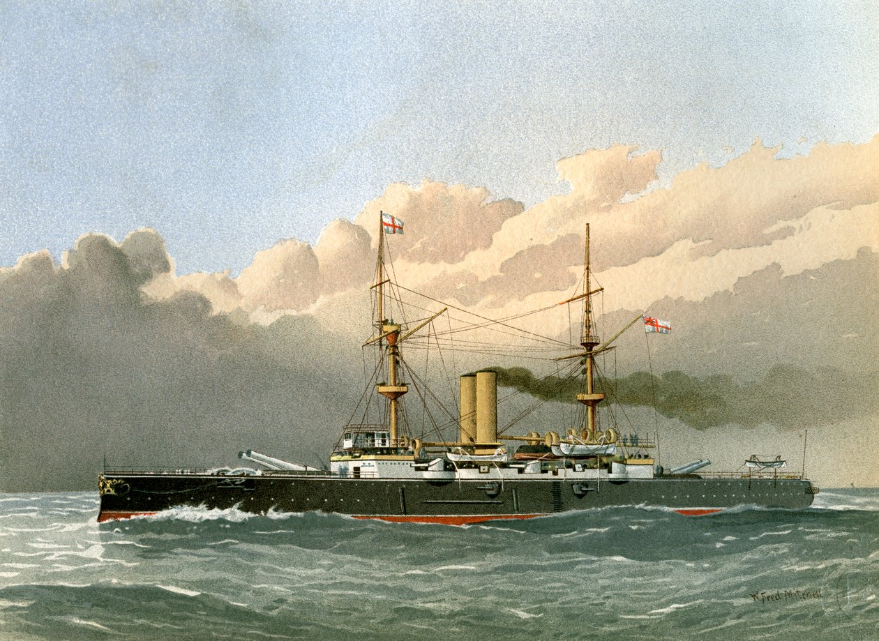 HMS Royal Sovereign, Királyi Haditengerészet 1. osztályú csatahajója, c1890-c1893. alkotó: William Frederick Mitchell