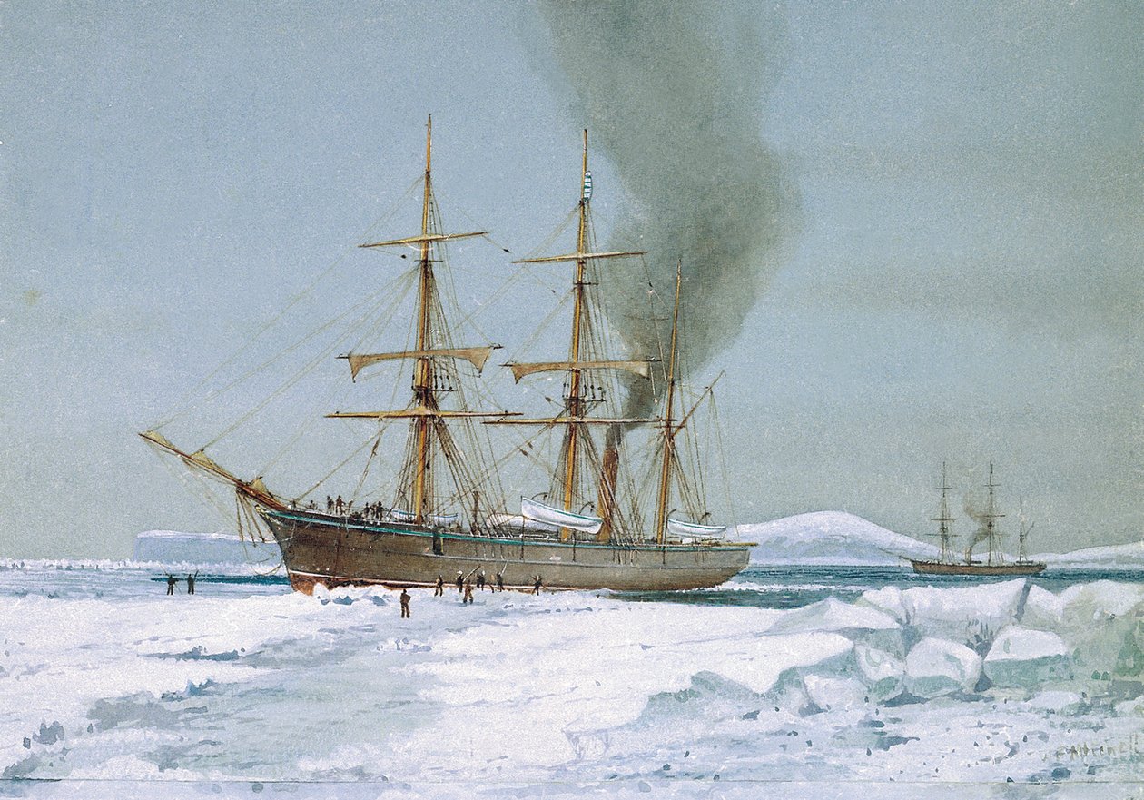 A HMS "Discovery", az Antarktiszra tervezett expedíciókhoz tervezett hajó, amely utat tör magának a jégen keresztül. William Frederick Mitchell (1845-1914) akvarellje, 1901 körül. alkotó: William Frederick Mitchell