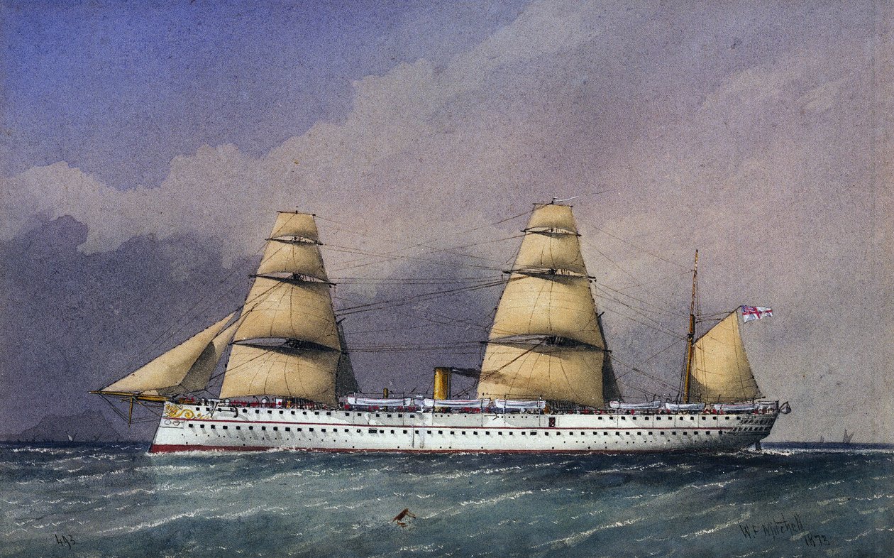 A HMS "Jumna" (1866), a Királyi Haditengerészet vashéjazatú hajója, az indiai szubkontinensről és az onnan érkező csapatok szállítására. Akvarell alkotó: William Frederick Mitchell