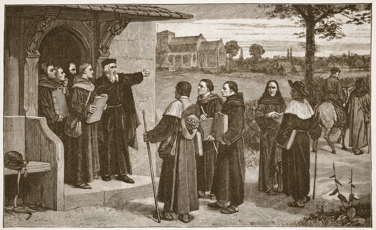 Wycliff kiküldi „szegény papjait”, illusztráció a „The Church of England: A History for the People” című könyvéből, H.D.M. Spence-Jones, kocsma. 1910 körül (szépia fotó) alkotó: William Frederick Yeames