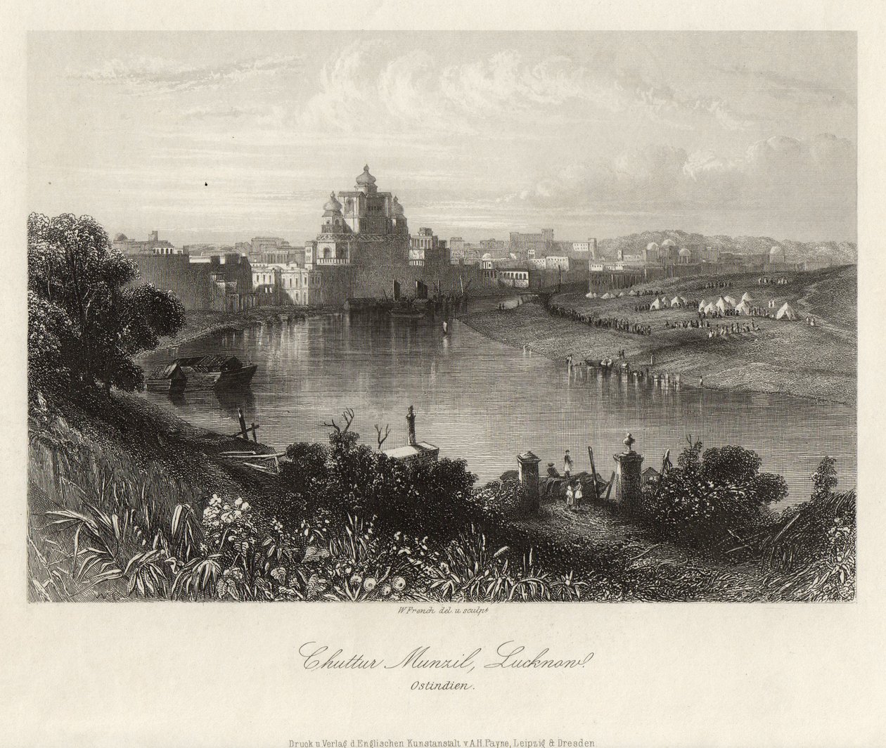 Általános nézet, a Gomati túlpartján, Chuttur Munzil, Lucknow. alkotó: William French