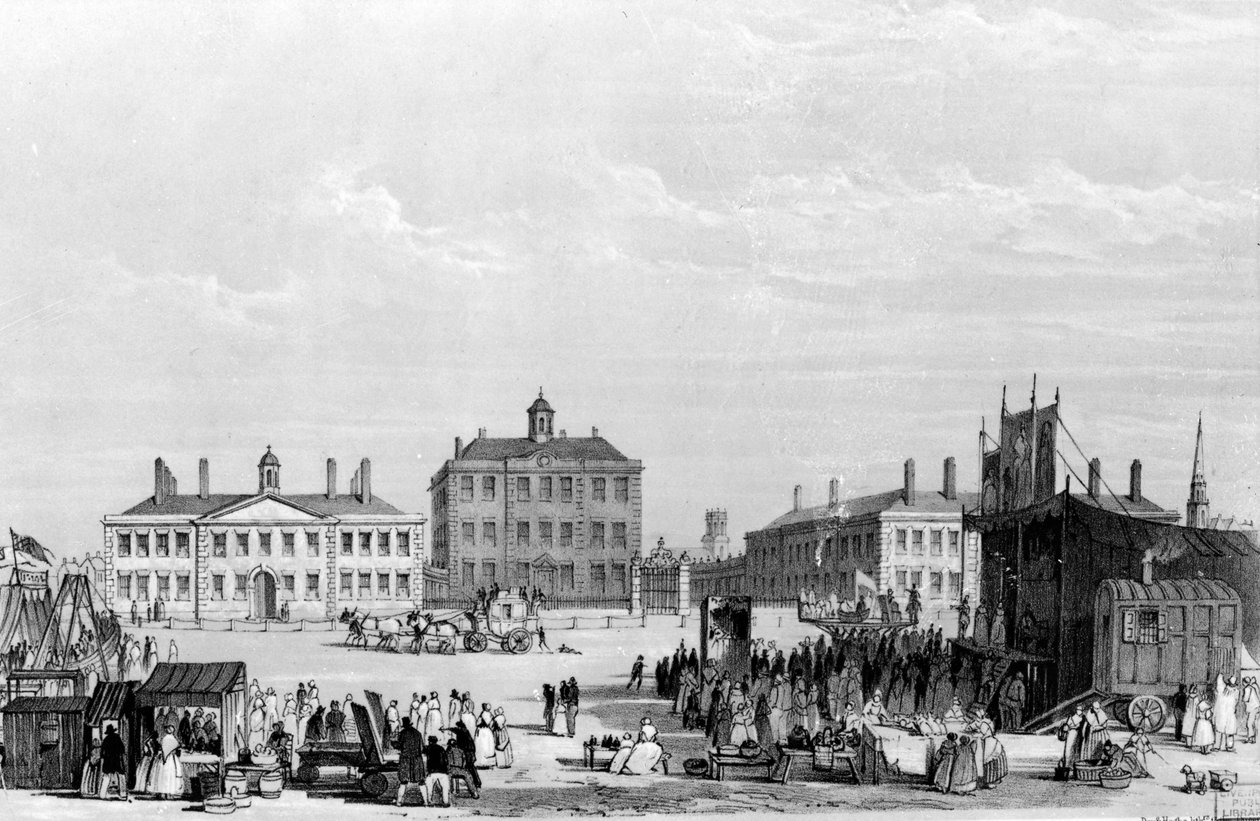 Old Liverpool Infirmary and Alms-Houses, John Cooke cirkuszával az előtérben, 1826 körül alkotó: William Gavin Herdman