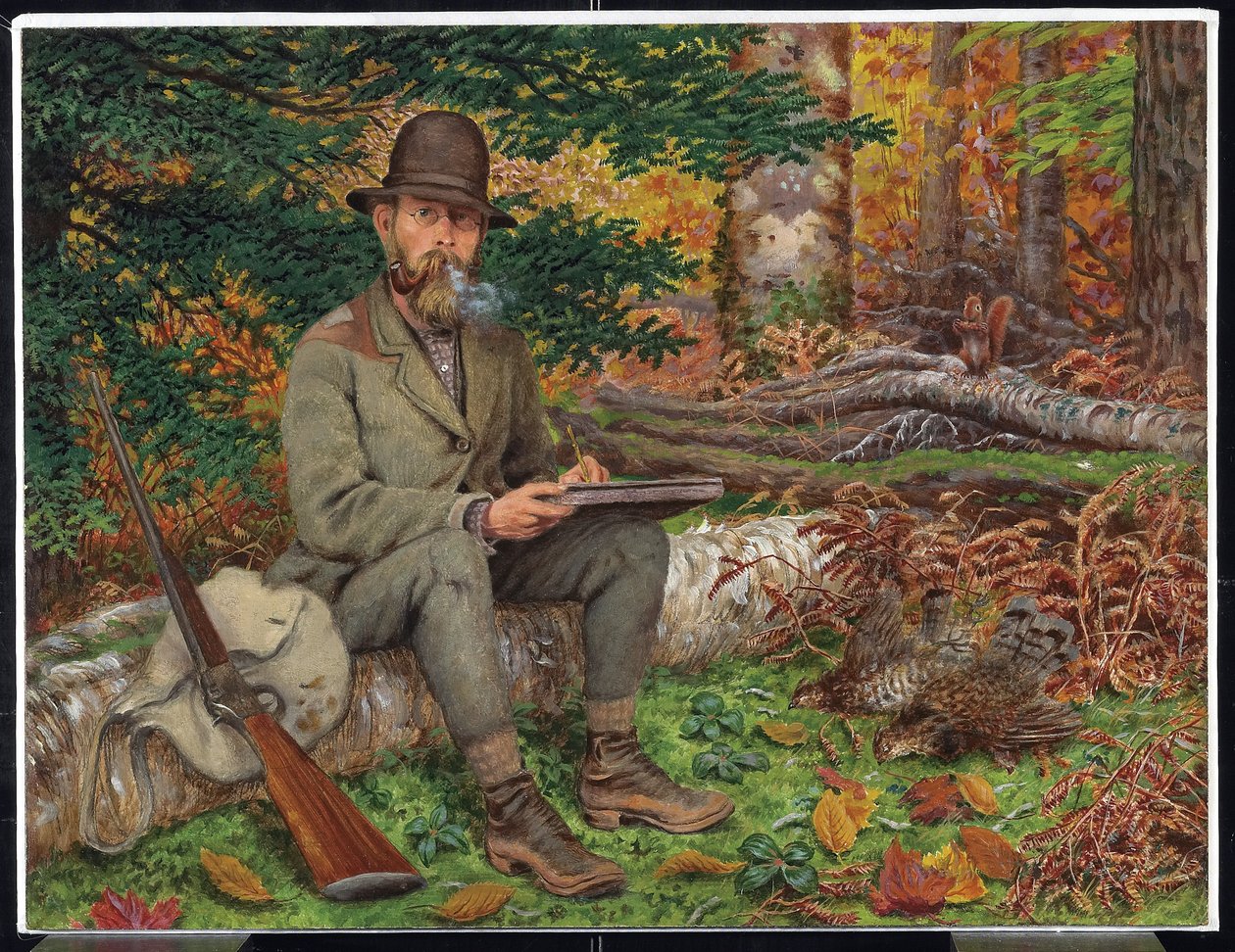 Önarckép vadászfelszerelésben, 1875 körül (olaj és grafit, papír, laminált farostlemez) alkotó: William George Richardson Hind