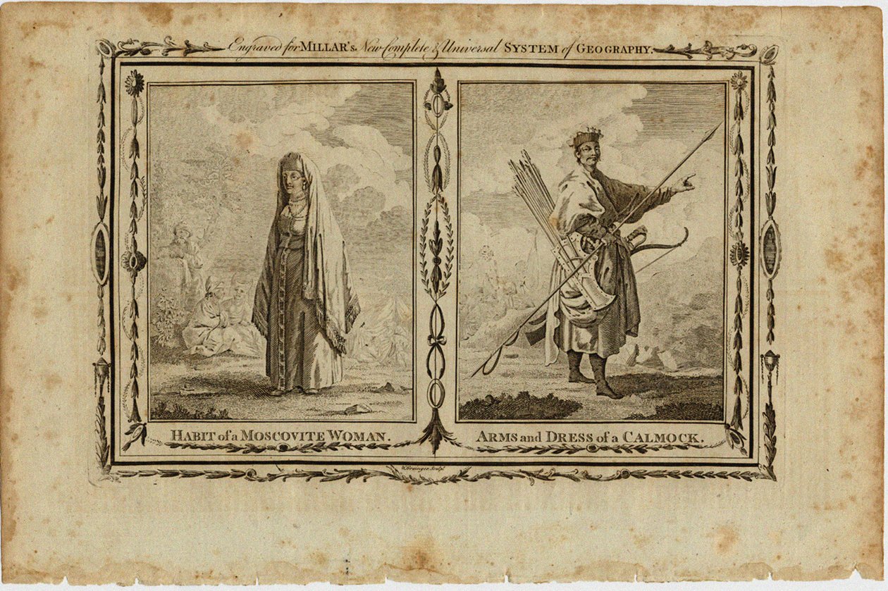 Egy moszkvai nő szokásai és egy kalmük fegyvere és ruhája, 1730 körül alkotó: William Grainger