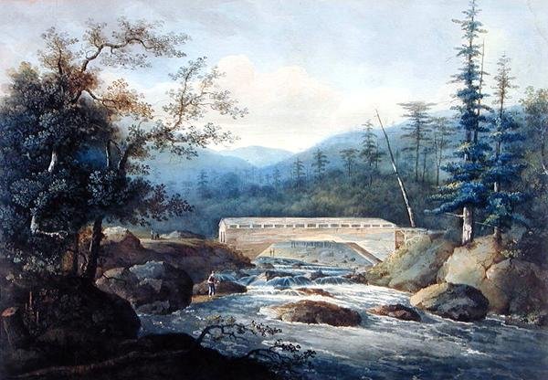 Fedett híd a Sacandaga folyón, Hadley, NY, 1820 körül (grafit és akvarell papíron) alkotó: William Guy Wall