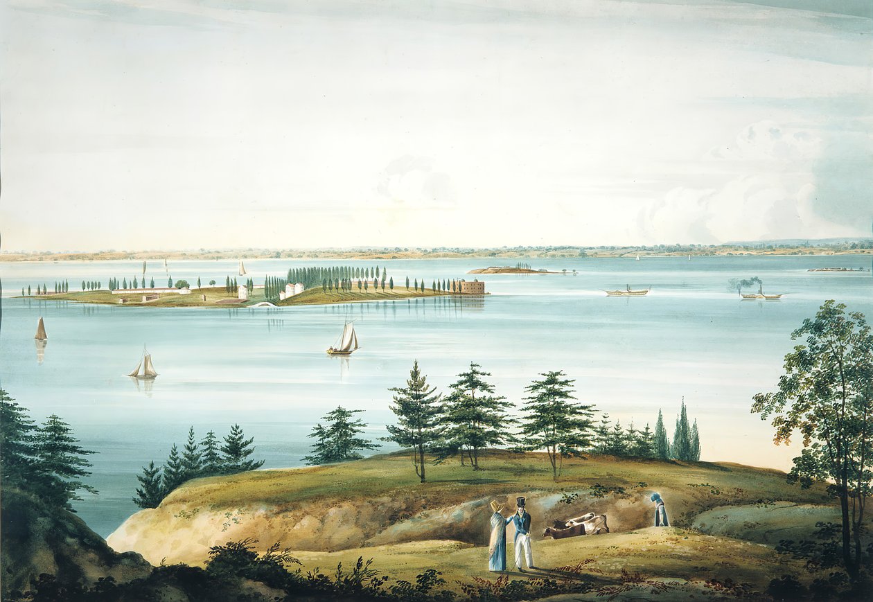 A New York-i öböl és a Governors Island a Brooklyn Heightsből, 1820-25. alkotó: William Guy Wall