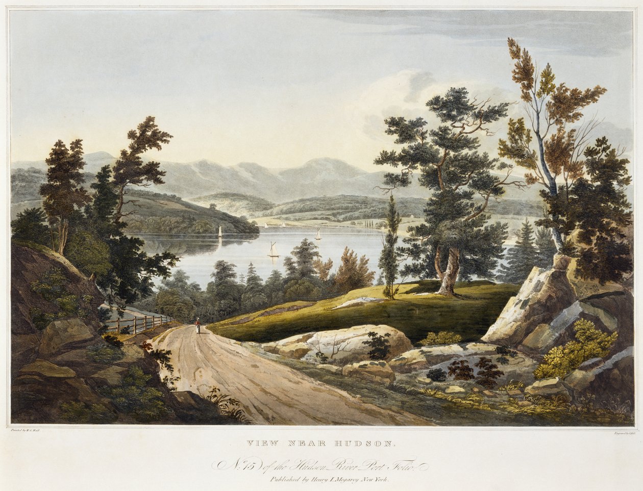 Kilátás Hudson közelében, 1822 (akvatinta papíron, kézzel színezett) alkotó: William Guy after Wall