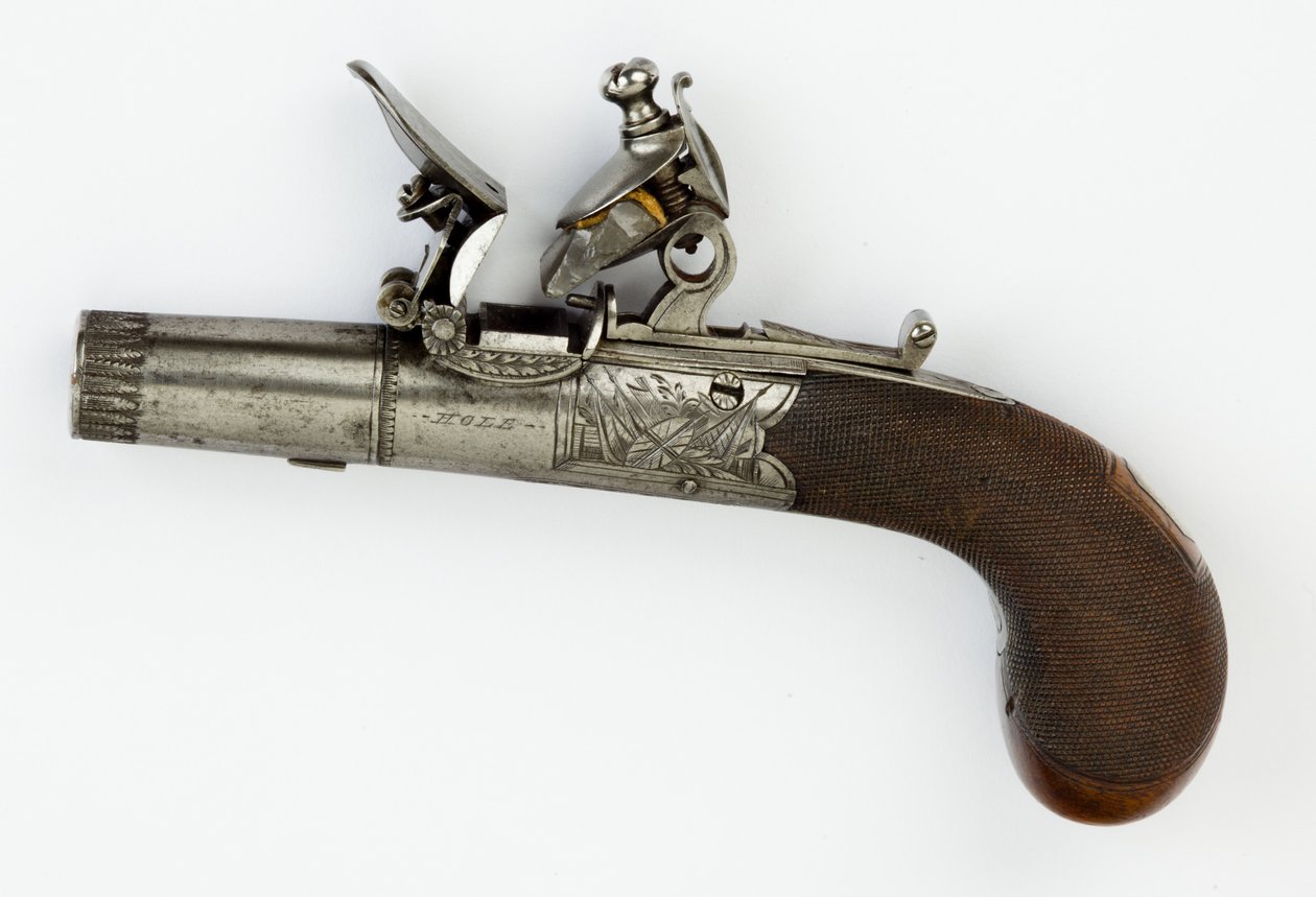 Flintlock zsebpisztoly dobozzárral, 1820 körül (acél, ezüst és diófa) alkotó: William Hale