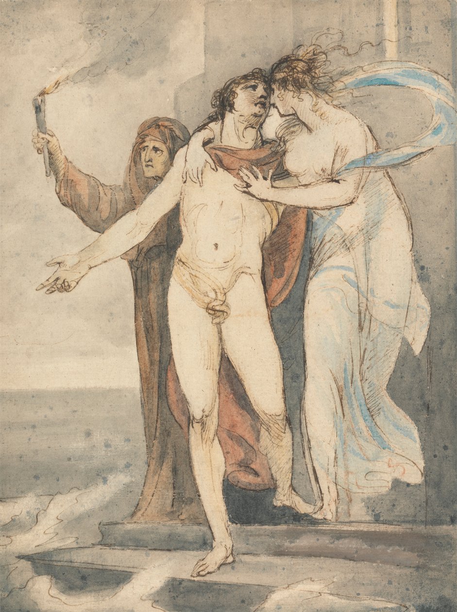 Leander búcsút vesz a hőstől, mielőtt visszaúszna a Hellesponton alkotó: William Hamilton