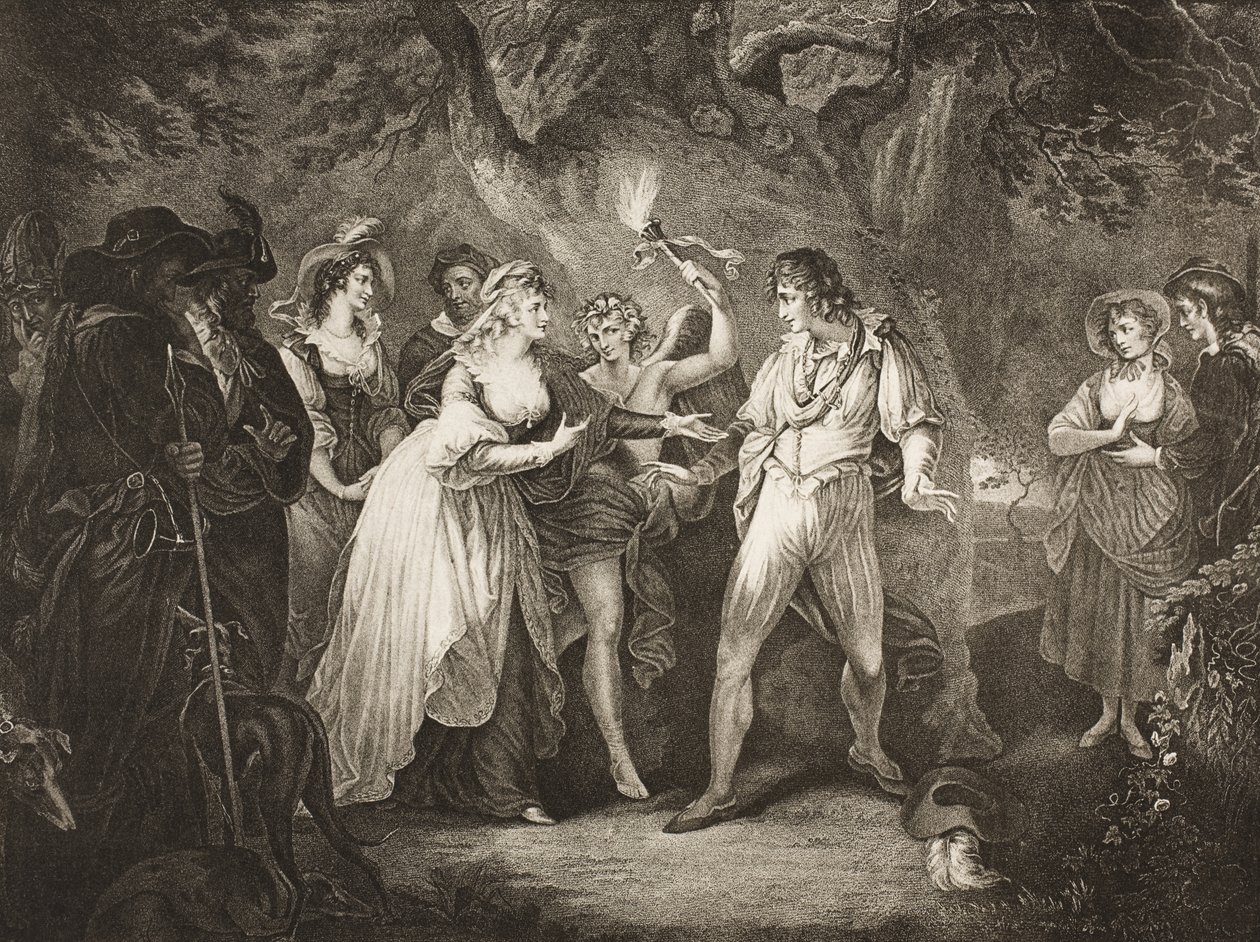 Az erdő, V. felvonás, IV. jelenet, az „As You Like It”-ből, a Boydell Shakespeare Galériából, 19. század végén alkotó: William Hamilton