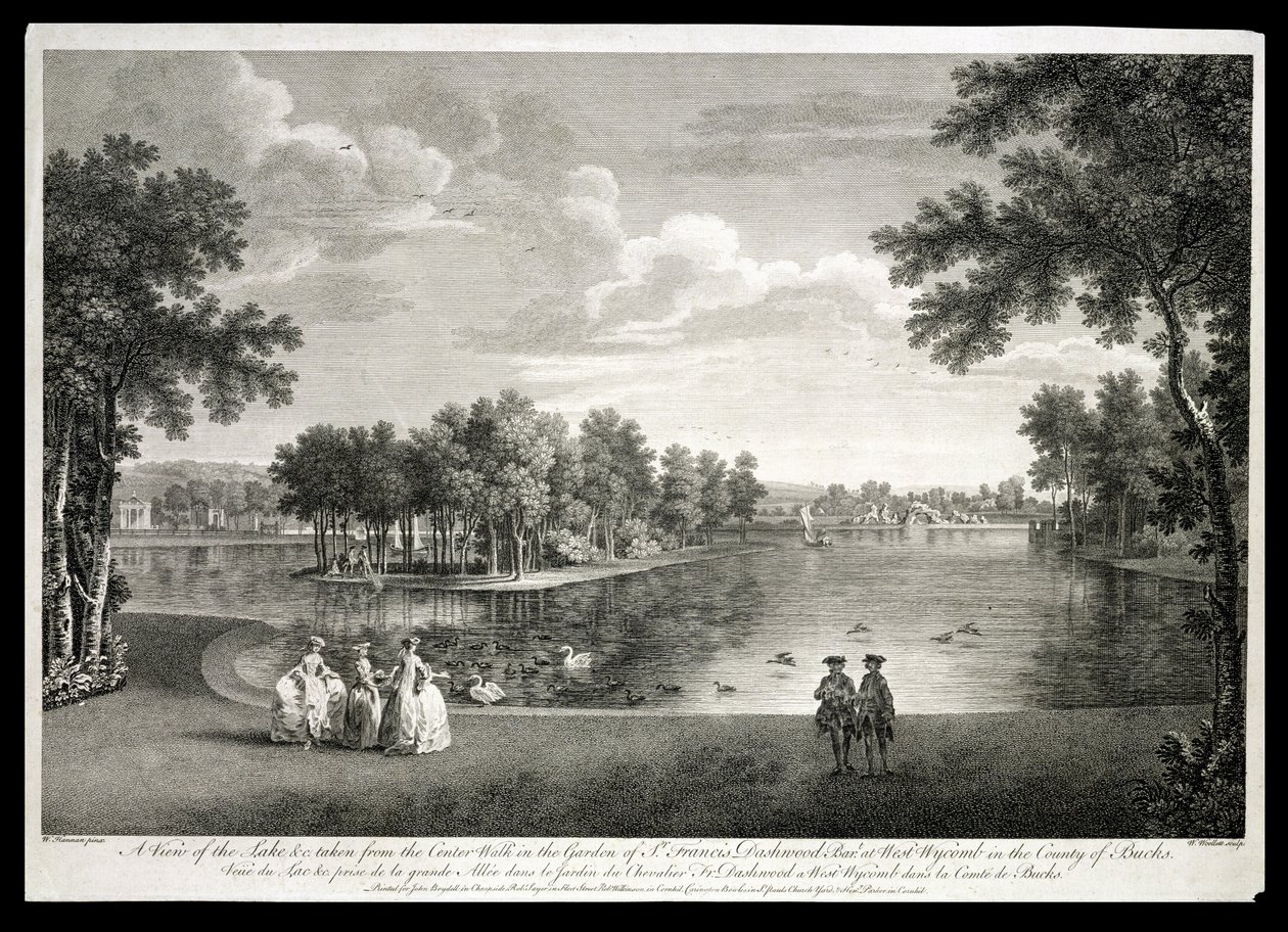 Kilátás a tóra a központból Séta a West Wycombe-i kertben, Buckinghamshire, vésette William Woollett (1735-85) alkotó: William Hannan