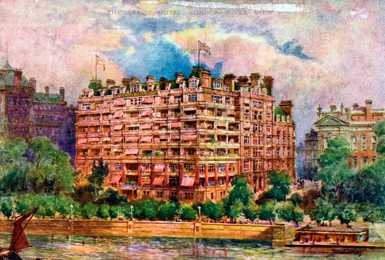 A Savoy Hotel a Temze felől nézve, London, 1905. alkotó: William Harold Oakley