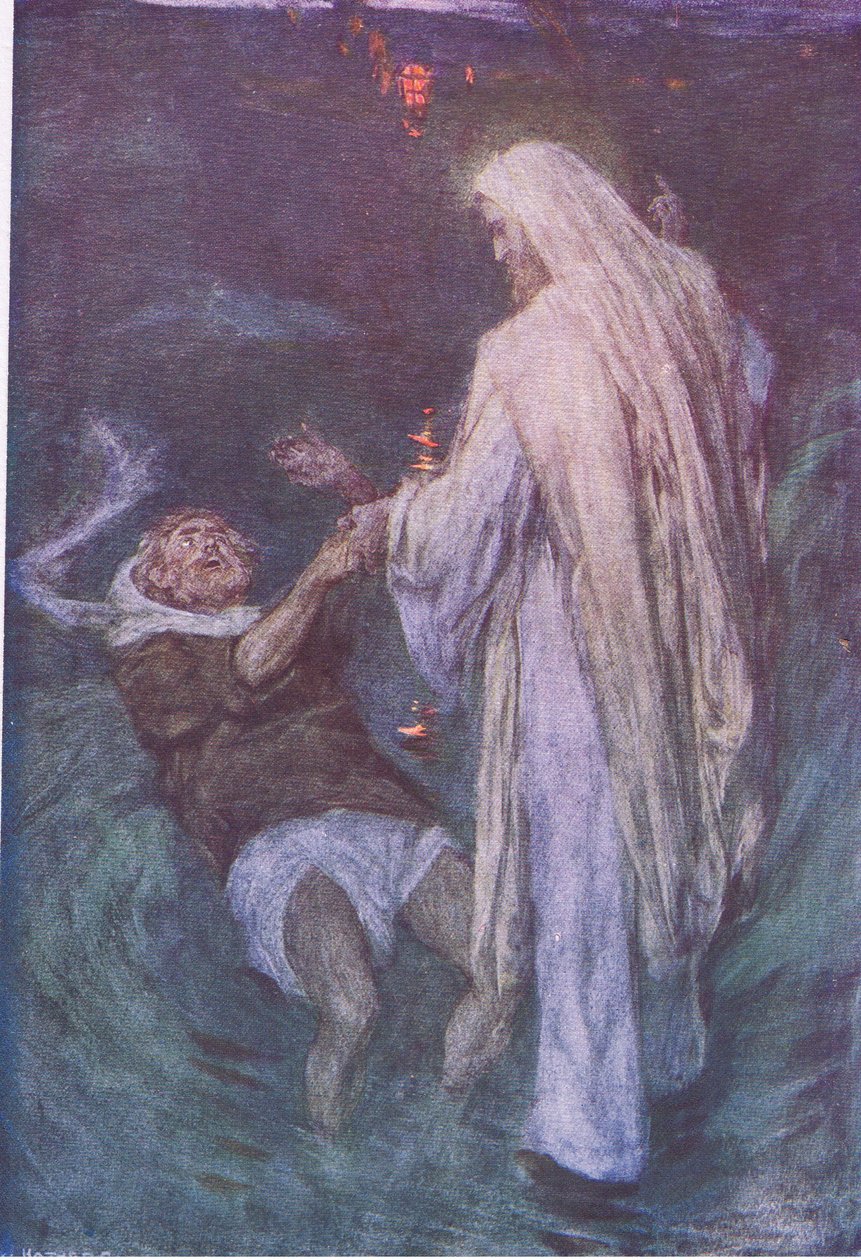 Krisztus a tengeren jár, a Hodder & Stoughton által kiadott Biblia történetből, 1930 körül alkotó: William Hatherell