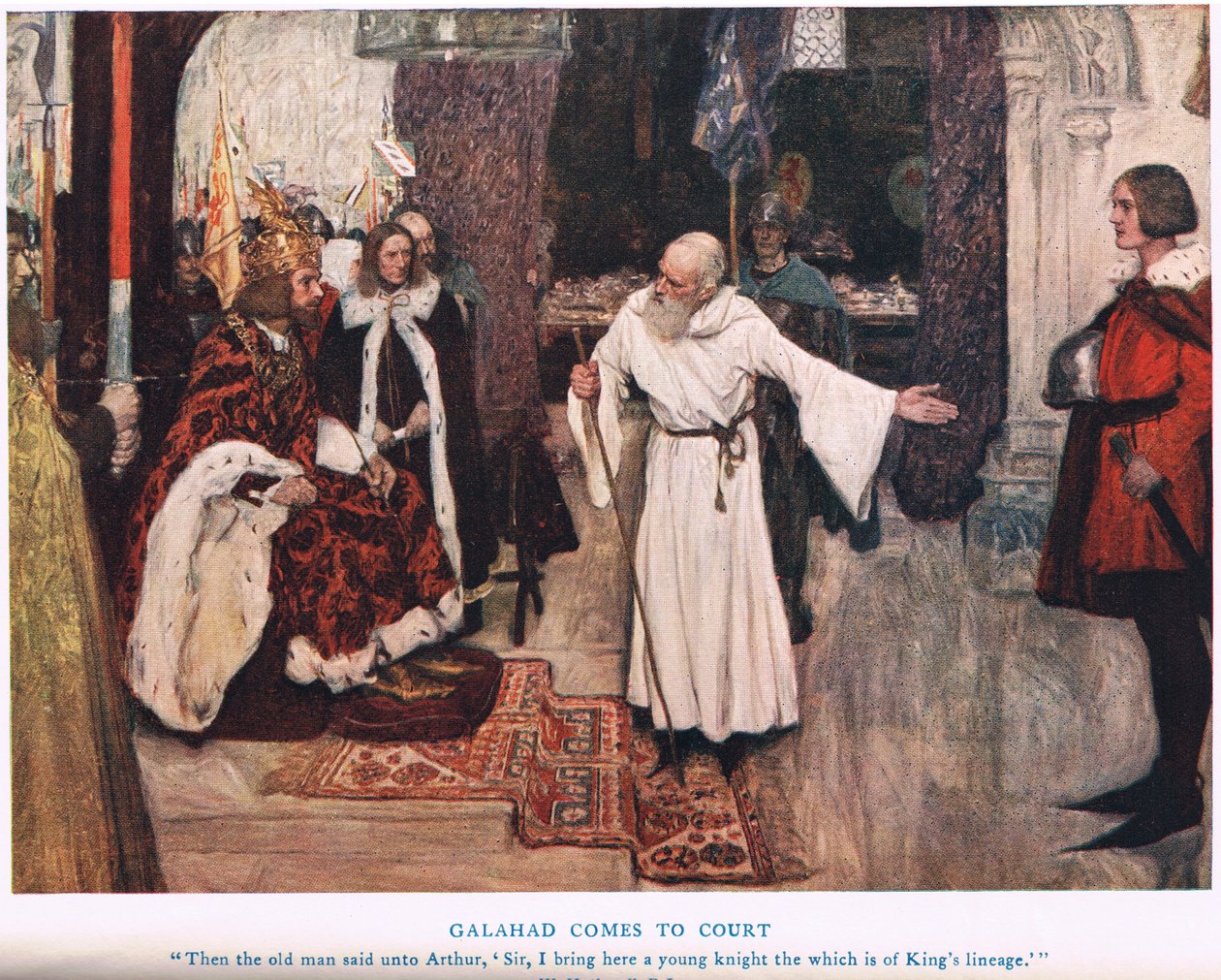 Galahad az udvarba érkezik, illusztrációja az Arthur királytól alkotó: William Hatherell